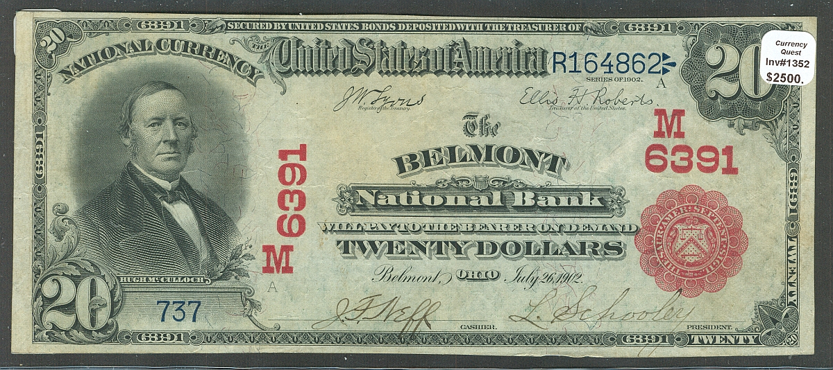 Belmont, Ohio, Ch.#6391, Belmont National Bank, 1902 Red Seal $20, Ch.VF, PMG-35